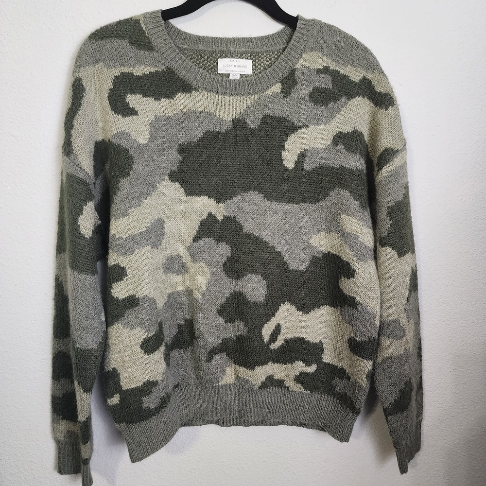 Lucky Brand Green Camo Wool Blend Long Sleeve Pullover Crew Neck Sweater Size M